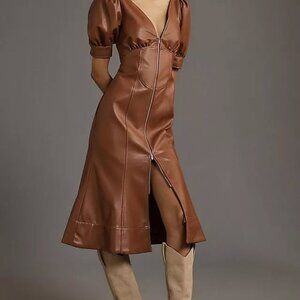 Anthropologie Vegan Leather Puff-Sleeve Zip-Front Midi Dress